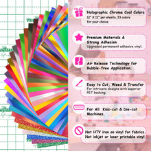 Load image into Gallery viewer, TECKWRAP Holographic Chrome Permanent Adhesive Vinyl Sheets 12” X 12” 33 Assorted Colors for Most Cutting Machines and DIY Craft Decals，Party Decoration, Sticker, Craft Cutter, Car Decal
