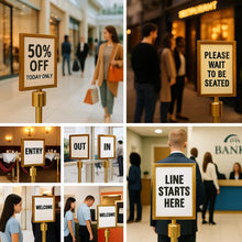 Load image into Gallery viewer, 4PCS Gold 8.5x11 Stanchion Sign Holder – Vertical Poster Display Frames for Floor Standing Holder Stand Business Store Sign Holders Pedestal Advertising Stand for Indoor Outdoor Use
