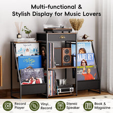 Load image into Gallery viewer, JunVpic Record Player Stand with Vinyl Storage – Record Table with Holder,6-Bin Vinyl Storage Rack &amp; Drawer, Dual Side Display Shelves,Holds 200+ Albums,Turntable Stand for Living Room,Bedroom (Brown)
