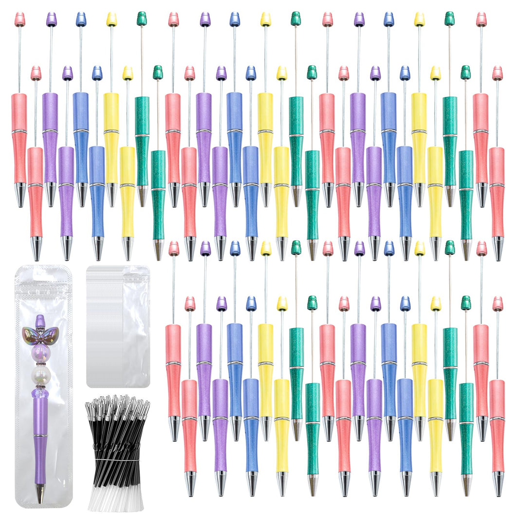 DASTTUIS 150 Pieces DIY Beadable Pen Kit – 50 Plastic Ballpoint Pens with Refills & Bags – School Supplies, Office Accessories & Decorative Items for Students & Teachers (Dreamy Soft Palette)