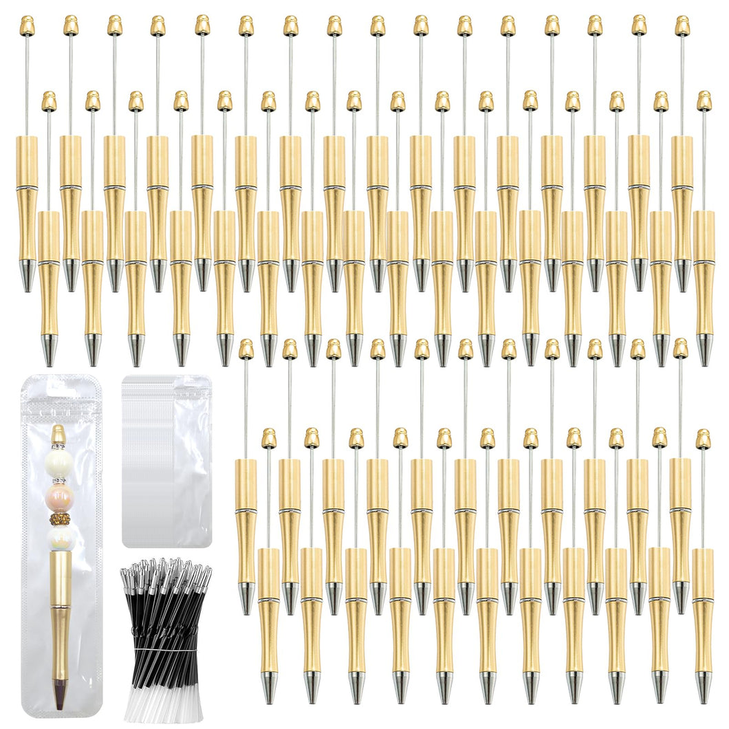 DASTTUIS 150 Pieces DIY Beadable Pen Kit – 50 Plastic Ballpoint Pens with Refills & Bags – School Supplies, Office Accessories & Decorative Items for Students & Teachers (Gold)