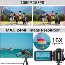 Load image into Gallery viewer, kimire Video Camera Camcorder Digital Camera Recorder Full HD 1080P 15FPS 24MP 3.0 Inch 270 Degree Rotation LCD 16X Digital Zoom Camcorder Camera with 2 Batteries(Black)
