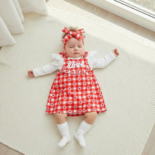Load image into Gallery viewer, Aiwpstoin Valentines Day Baby Girl Outfit Heart Love Embroidery Ruffled Romper Top Plaid Overall Dress Headband Set (Red, 6-9 Months)
