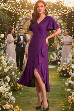 Load image into Gallery viewer, Autumn Flowerwall Women Plus Size Wedding Guest Dress Sparkle Purple XL Lustrous Knit V Neck Flutter Sleeve Cocktail Dress A-Line Formal Party Gowns Curvy Evening Elegant Slit Dress
