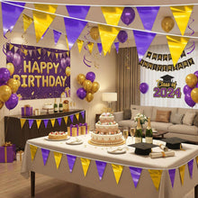 Load image into Gallery viewer, 3P Purple Gold Party Decorations - Metallic Fabric Triangle Pennant Banner Flags - Indoor/Outdoor Bunting Garland for Birthday, Wedding, Graduation &amp; Theme Parties
