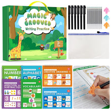 Load image into Gallery viewer, Hoarecal Magic Grooved Writing Practice Book for Kids Ages 3–8, 6 Reusable Handwriting Practice Books with 6 Pens, 12 Refills, 3 Soft Grips, Preschool Learning Activities Gifts for Boys and Girls
