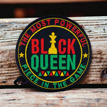 Load image into Gallery viewer, Generic Black Queen The Most Powerful Piece in The Game Embroidered Patch Iron On. Size: 3.5 x 3.5 inches.
