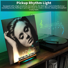 Load image into Gallery viewer, KORRTFID Now Playing Vinyl Record Stand, Light Up Vinyl Record Display Stand with RGB Sound Control Pickup Rhythm Lights Bar, Warm White Light with Fingerprint-Proof Acrylic Letters
