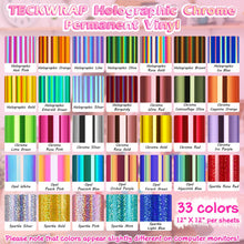 Load image into Gallery viewer, TECKWRAP Holographic Chrome Permanent Adhesive Vinyl Sheets 12” X 12” 33 Assorted Colors for Most Cutting Machines and DIY Craft Decals，Party Decoration, Sticker, Craft Cutter, Car Decal
