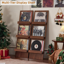 Load image into Gallery viewer, LELELINKY Wall-Leaning Vinyl Record Holder with 3 Tier Display Shelf, 47.5'' Tall Record Storage Magazine Holder, Vinlys Stand Holder Holds Up to 15 Vinyls Albums/CD for Living Room, Walnut
