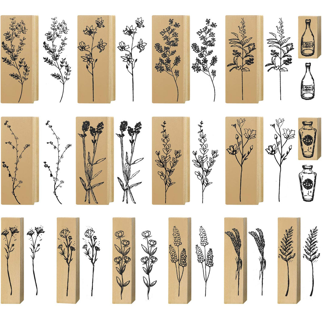 16 Pieces Vintage Wood Rubber Stamps Flower and Plant Decorative Rubber Stamp Wooden Mounted Stamp Set for DIY Crafting, Scrapbook, Painting, Letters Diary, Teaching and Card Making