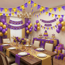 Load image into Gallery viewer, 3P Purple Gold Party Decorations - Metallic Fabric Triangle Pennant Banner Flags - Indoor/Outdoor Bunting Garland for Birthday, Wedding, Graduation &amp; Theme Parties
