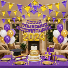 Load image into Gallery viewer, 3P Purple Gold Party Decorations - Metallic Fabric Triangle Pennant Banner Flags - Indoor/Outdoor Bunting Garland for Birthday, Wedding, Graduation &amp; Theme Parties
