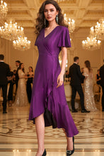 Load image into Gallery viewer, Autumn Flowerwall Women Plus Size Wedding Guest Dress Sparkle Purple XL Lustrous Knit V Neck Flutter Sleeve Cocktail Dress A-Line Formal Party Gowns Curvy Evening Elegant Slit Dress
