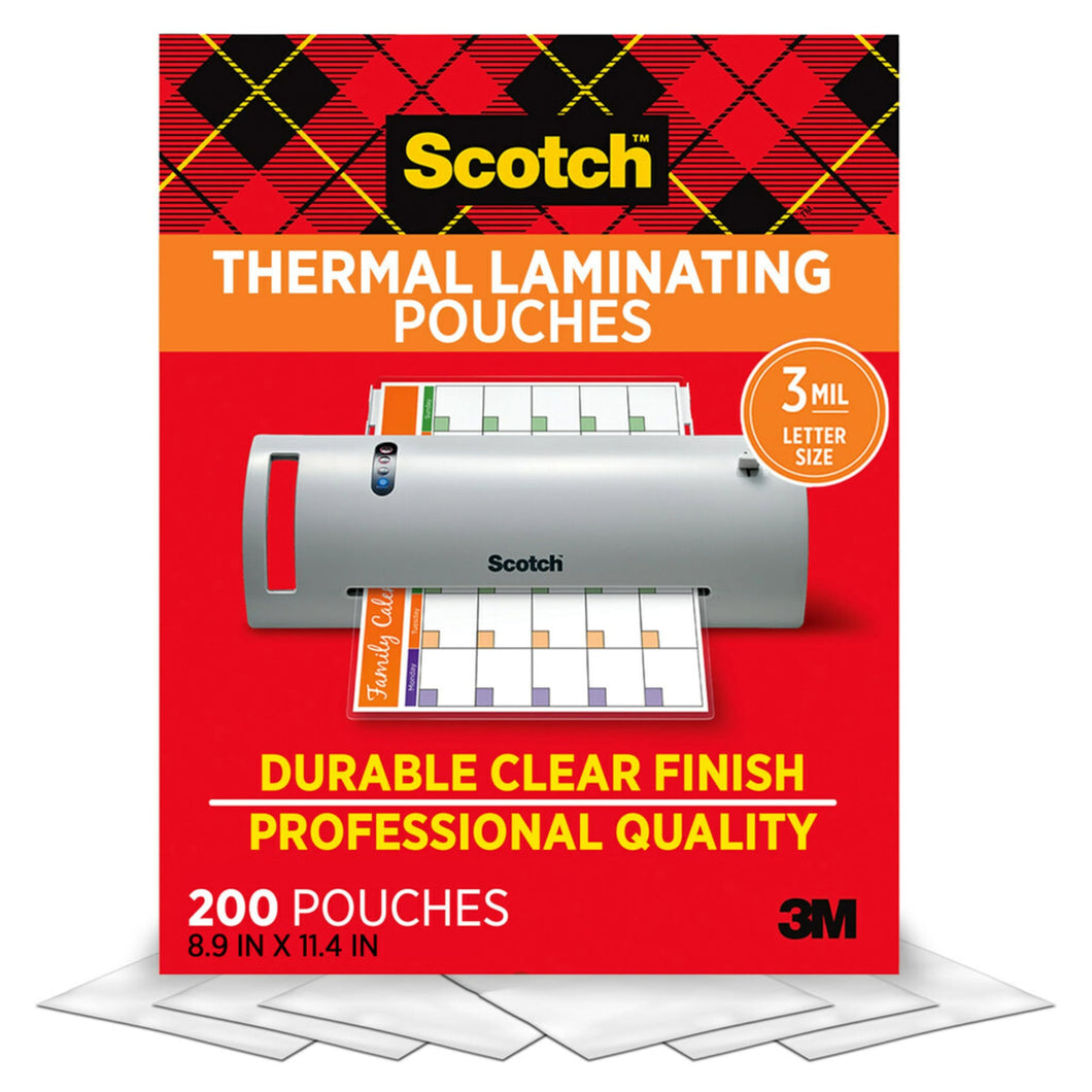 Scotch Thermal Laminating Pouches, 200 Count, Clear, 3 mil., Ideal Office or School Supplies, Fits Letter Sized Paper (8.9 in. × 11.4 in.)