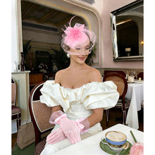 Load image into Gallery viewer, Pink Fascinators Hats Women Mesh Veil Headband and Gloves Set Short Lace Polka Dot Mesh Hair Accessories
