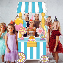 Load image into Gallery viewer, Candy Shop Photo Booth Props Candy Truck Selfie Frame Backdrop Sweet Shoppe Photography Background Large Candies Cart Hanging Banner Sweet Theme Birthday Party Decor for Kids Party Supplies 64 x 36 In
