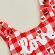 Load image into Gallery viewer, Aiwpstoin Valentines Day Baby Girl Outfit Heart Love Embroidery Ruffled Romper Top Plaid Overall Dress Headband Set (Red, 6-9 Months)
