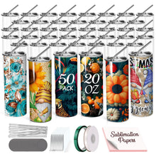 Load image into Gallery viewer, Sublimation Tumblers bulk 20 OZ Skinny Stainless Steel Double Wall Insulated Straight Sublimation Cups 50 Pack Blanks White Tumbler with Lid,Straw,Heat Resistant Tape&amp;Shrink Sleeves,Individually Boxed
