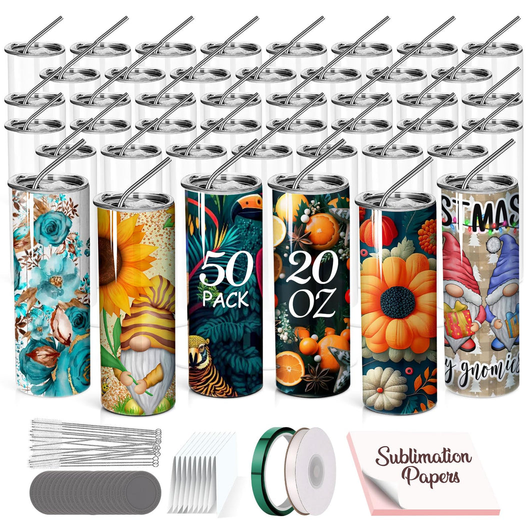 Sublimation Tumblers bulk 20 OZ Skinny Stainless Steel Double Wall Insulated Straight Sublimation Cups 50 Pack Blanks White Tumbler with Lid,Straw,Heat Resistant Tape&Shrink Sleeves,Individually Boxed