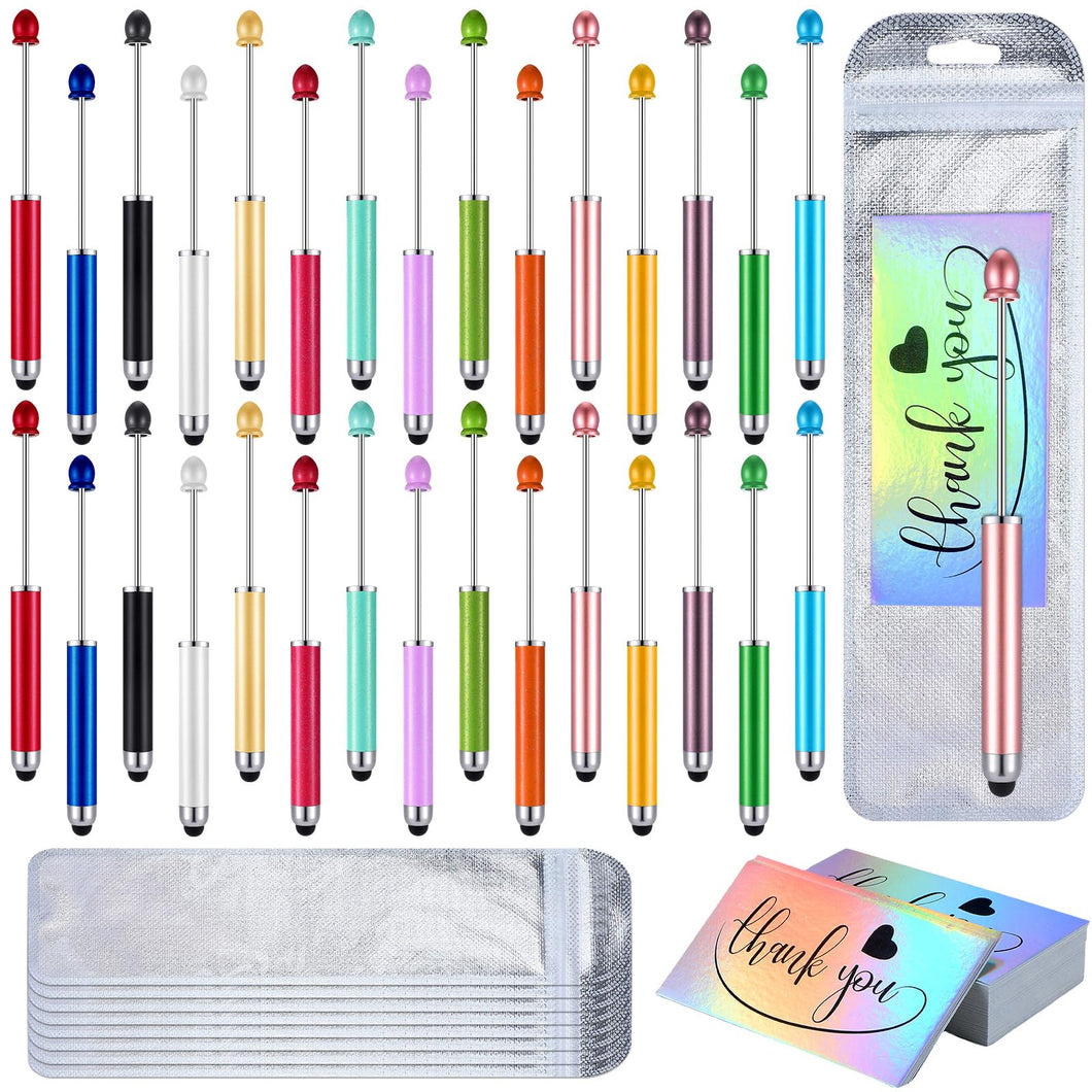 Engrowtic 90 Pcs Beadable Pens Kit, Include 30 Pcs 2 in 1 Plastic Stylus Beadable Pens Foil Thank You Cards with 30 Resealable Packaging Bags for School Office Party Supply Gifts