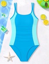 Load image into Gallery viewer, CRISONE Girls One Piece Swimsuits Size 14-16 Girl Bathing Suit Ruched Girls Bathing Suits Size 14-16 Athletic Competition Girl Swimsuit Bathing Suit for Teen Girls Light Blue
