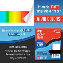 Load image into Gallery viewer, JOYEZA Premium Printable Vinyl Sticker Paper for Inkjet Printer - 25 Sheets Glossy White Waterproof, Dries Quickly Vivid Colors, Holds Ink well - Inkjet &amp; Laser Printer
