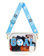 Load image into Gallery viewer, Clear Bag for World Soccer Cup 2026 Stadium Approved, Chenille Crossbody Fanny Pack for Stadium Events Concert Travel, Game Day Clear Purse with Shoulder Strap Gifts for Women Men (Light Blue-White)
