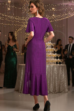 Load image into Gallery viewer, Autumn Flowerwall Women Plus Size Wedding Guest Dress Sparkle Purple XL Lustrous Knit V Neck Flutter Sleeve Cocktail Dress A-Line Formal Party Gowns Curvy Evening Elegant Slit Dress
