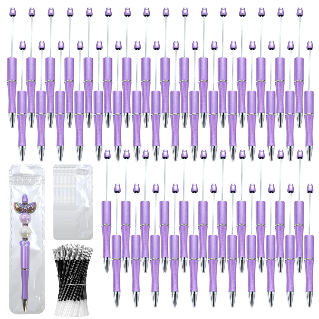 DASTTUIS 150 Pieces DIY Beadable Pen Kit – 50 Plastic Ballpoint Pens with Refills & Bags – School Supplies, Office Accessories & Decorative Items for Students & Teachers (Purple)