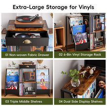 Load image into Gallery viewer, JunVpic Record Player Stand with Vinyl Storage – Record Table with Holder,6-Bin Vinyl Storage Rack &amp; Drawer, Dual Side Display Shelves,Holds 200+ Albums,Turntable Stand for Living Room,Bedroom (Brown)
