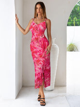 Load image into Gallery viewer, Simplee Women Floral Ruffle Bodycon Maxi Dress 2026 Summer Spaghetti Strap V Neck Mesh Slit Wedding Guest Beach Party Dresses Floral Rose Red L
