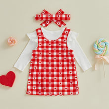 Load image into Gallery viewer, Aiwpstoin Valentines Day Baby Girl Outfit Heart Love Embroidery Ruffled Romper Top Plaid Overall Dress Headband Set (Red, 6-9 Months)
