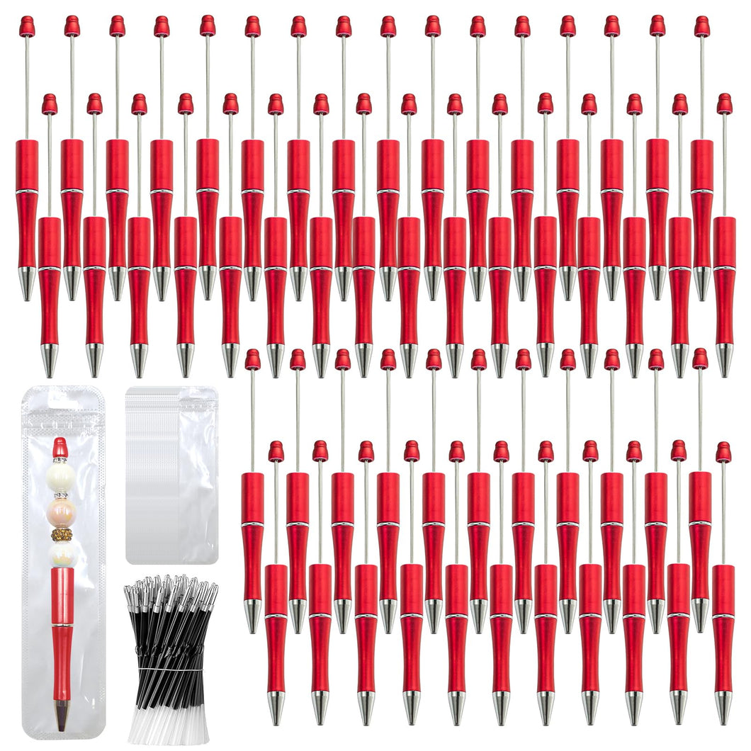 DASTTUIS 150 Pieces DIY Beadable Pens Kit - 50 plastic Beadable Pens Bulk, Refills & pen bags Included - Beaded Pens Black Ink Ballpoint Cute Pens（Red）
