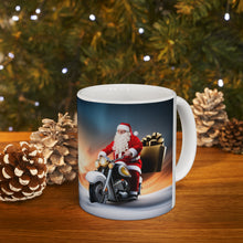 Load image into Gallery viewer, Here Comes Motorcycling Santa Bringing Gifts 11 oz Ceramic Mug Package Delivery Wrap-a-round #2
