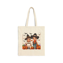 Load image into Gallery viewer, Trick-or-Treat Halloween Kids Bats Cowboy &amp; Cowgirl Cotton Canvas Tote Bag 15&quot; x 16&quot; Spooky Ghost, Jack-O-Lantern,  Candy Cones Candy
