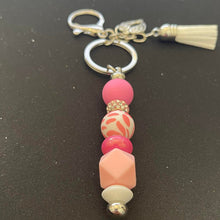 Load image into Gallery viewer, Hand Crafted Pink and white Tassel keychain purse clip with AngelWing Charm
