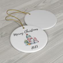 Load image into Gallery viewer, 2023 Merry Christmas White Round Ceramic Ornament Pastel Watercolors Snow Girls  3&quot; x 3&quot;
