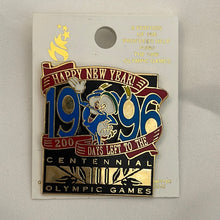 Load image into Gallery viewer, Vintage USA Izzy 1996 Atlanta Centennial Olympic Pin - Happy New Year Izzy 200 days left Pinback
