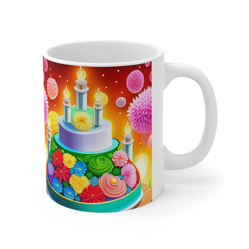 Happy Birthday Rainbow Cake Celebration #29 Ceramic 11oz Mug AI-Generated Artwork