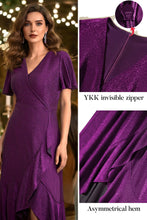 Load image into Gallery viewer, Autumn Flowerwall Women Plus Size Wedding Guest Dress Sparkle Purple XL Lustrous Knit V Neck Flutter Sleeve Cocktail Dress A-Line Formal Party Gowns Curvy Evening Elegant Slit Dress

