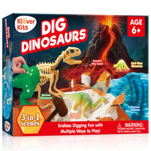 Load image into Gallery viewer, Klever Kits 3-in-1 Dinosaur Fossil Digging Kit STEM Learning Toys with Glow in The Dark Dinosaurs and Sensory Play Sand, DIY Your Own Dinosaur with 5 Color Clay, Gift for Kids Aged 6+ by Jova
