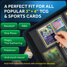 Load image into Gallery viewer, HEYKOVO Top Loader Binder I 253 Cards I with 20 Toploaders and 2 Stands I Black Carbon PU Toploader Binder holds 3x4 inch Baseball, Football, Sports, Pokemon, TCG, MTG Cards I Card Binder Top Loader
