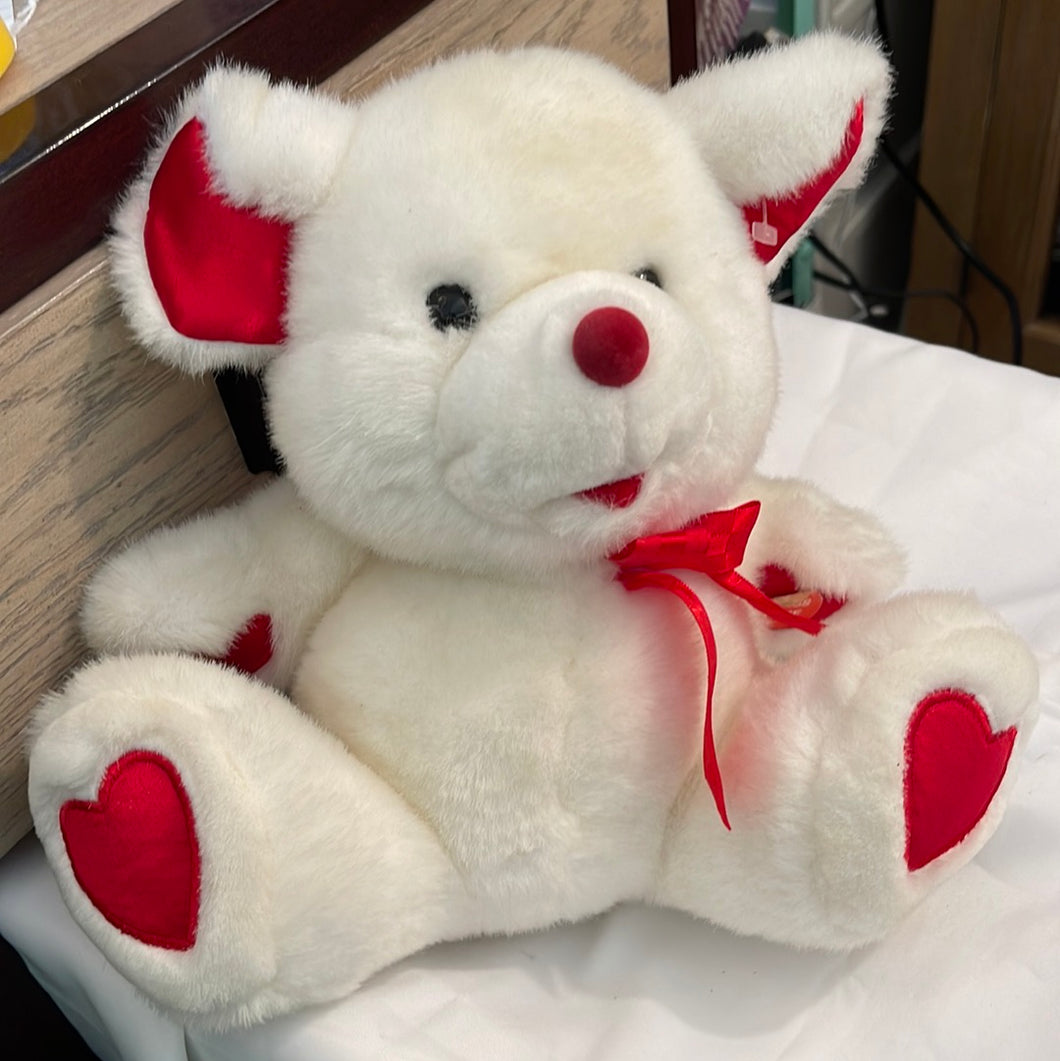 Caltoy White Plush Bear Red Ribbon & Hearts on Feet 11