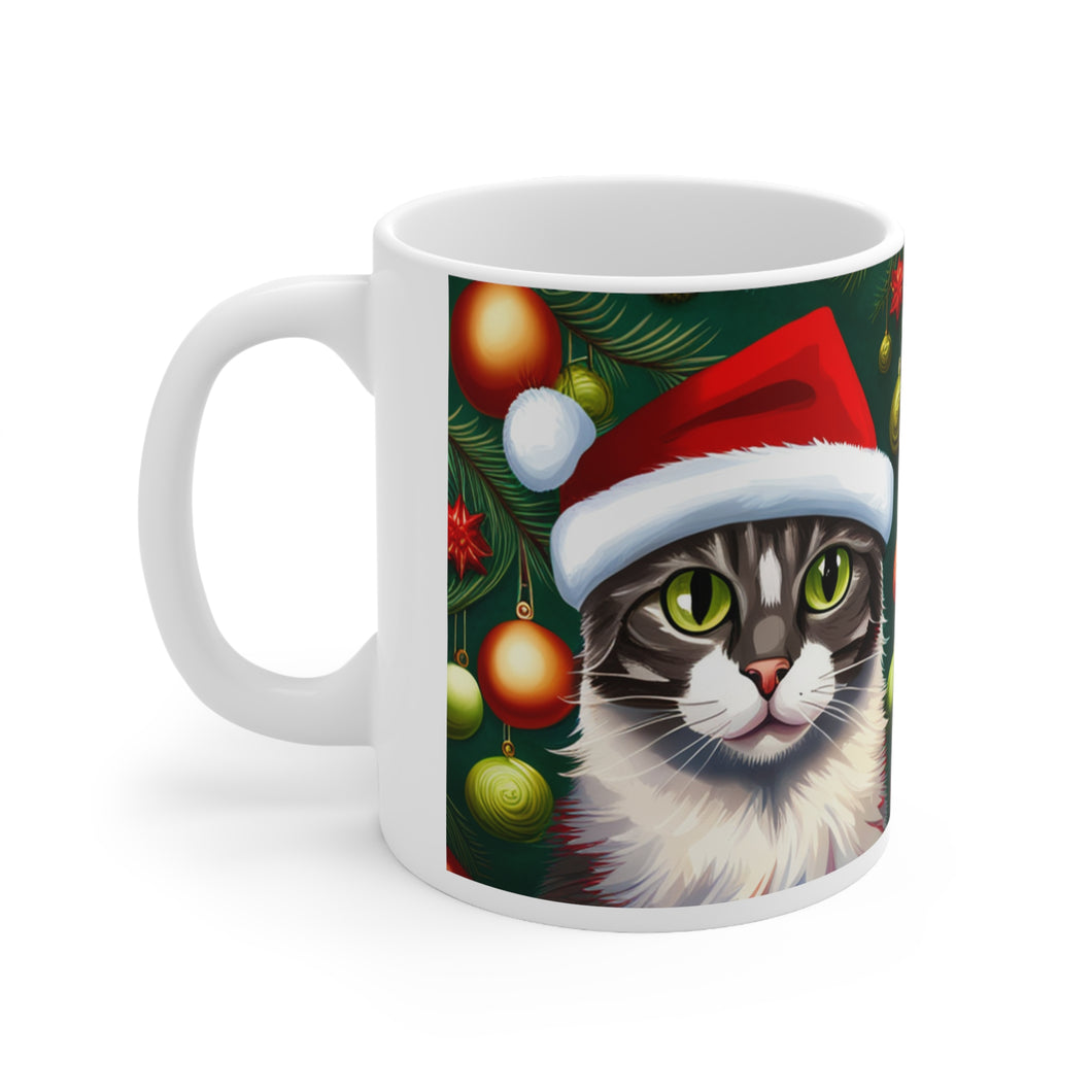 Fancy Gray Kitty Christmas Vibes Ceramic Mug 11oz Design #4 Mirrored Image