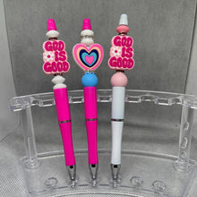 Load image into Gallery viewer, Pastel Pink Blue White Heart Inspiration Beaded handmade pen Pink Base Pen
