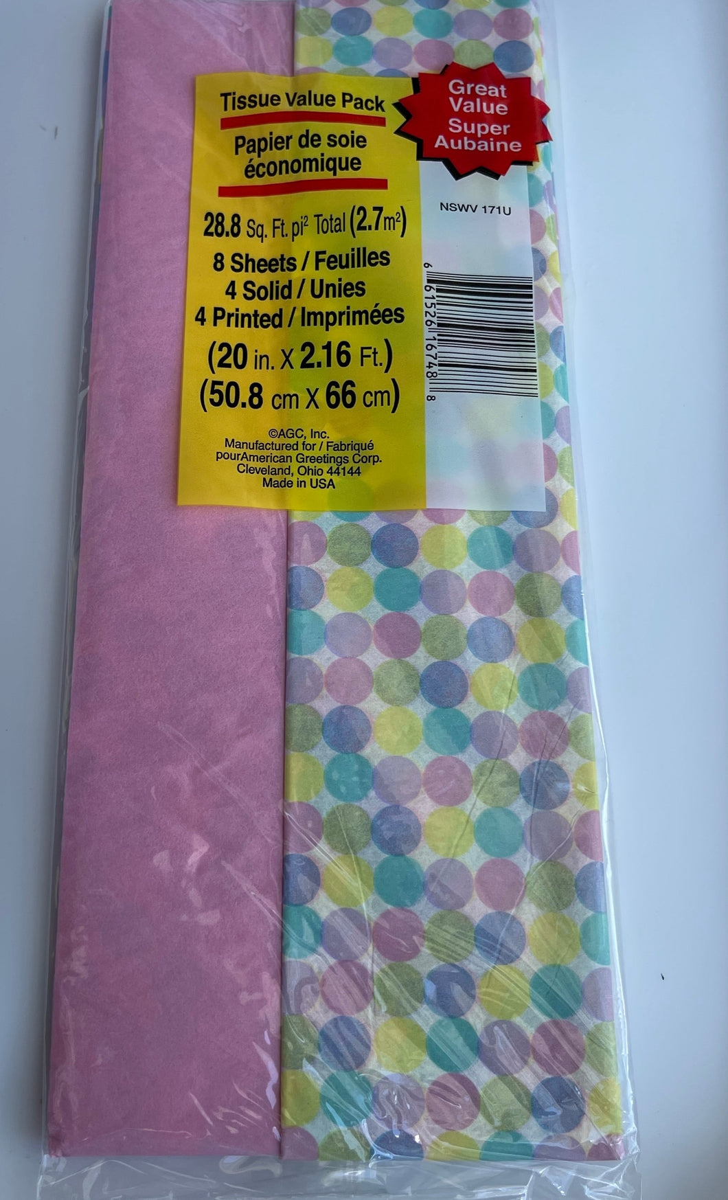 American Greetings Pink polka dot pastel tissue paper 8 Sheets NSWV – 171U