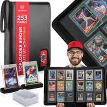 Load image into Gallery viewer, HEYKOVO Top Loader Binder I 253 Cards I with 20 Toploaders and 2 Stands I Black Carbon PU Toploader Binder holds 3x4 inch Baseball, Football, Sports, Pokemon, TCG, MTG Cards I Card Binder Top Loader
