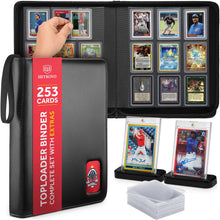 Load image into Gallery viewer, HEYKOVO Top Loader Binder I 253 Cards I with 20 Toploaders and 2 Stands I Black Carbon PU Toploader Binder holds 3x4 inch Baseball, Football, Sports, Pokemon, TCG, MTG Cards I Card Binder Top Loader
