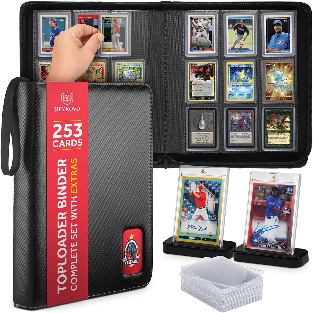 top load binder for pokemon cards HEYKOVO Loader I 253 I with 20 Toploaders and 2 Stands I Black Carbon PU Toploader Binder holds 3x4 inch Baseball, Football, Sports Holds 288 Toploaders Securely Variant:5th Anniversary Shinx Dragon Ball Super Fusion